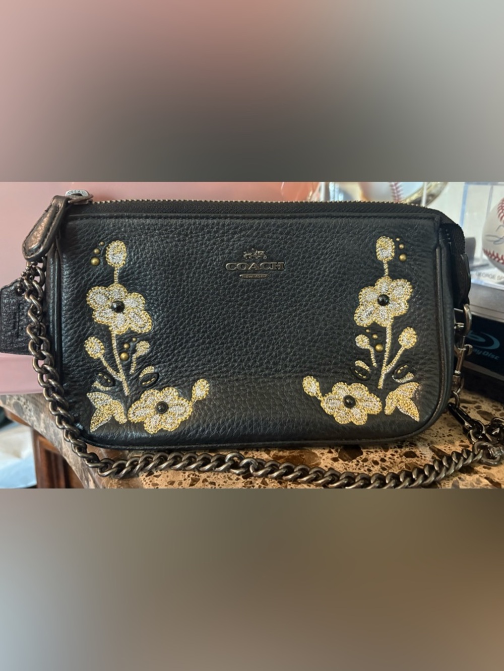 Coach Black Leather Small Shoulder Bag with Gold Floral Appliqué